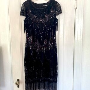Black Sequin & Fringe Flapper Style Dress, Size 8
